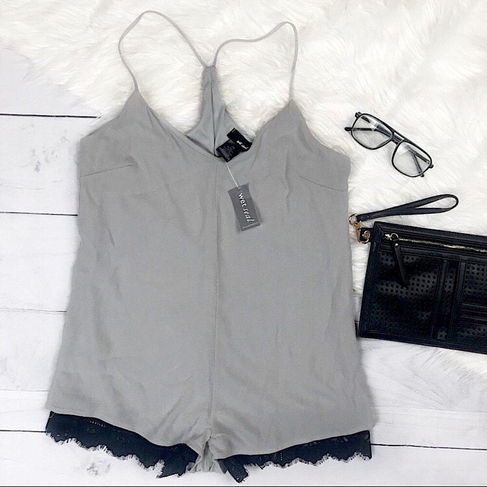 Wet Seal Romper Gray and Black Lace Trim New